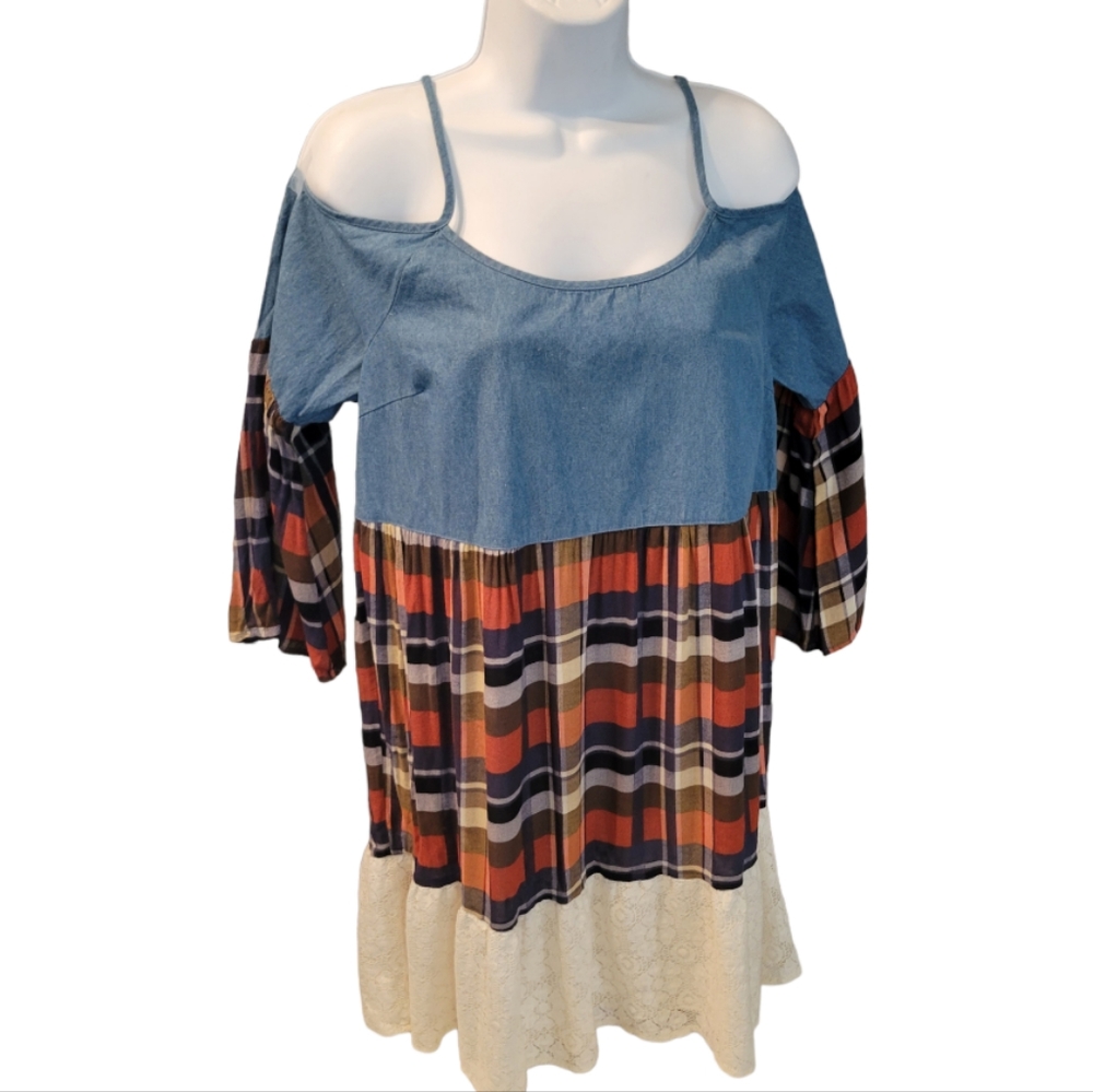 Umgee Womens Plaid Denim Cold Shoulder Bell Sleeve Mini Dress Size M